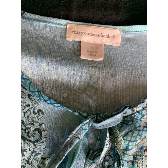 Christopher & Banks Womens Size Large Blue Patterned Polyester Blouse Beaded Det - Picture 2 of 14